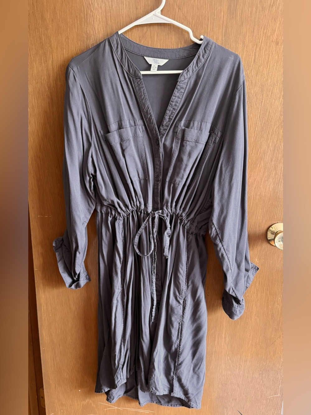 🎀 Time & Tru XL Charcoal Gray Button Down Causal Dress w Tie Cinch Waist 🎀